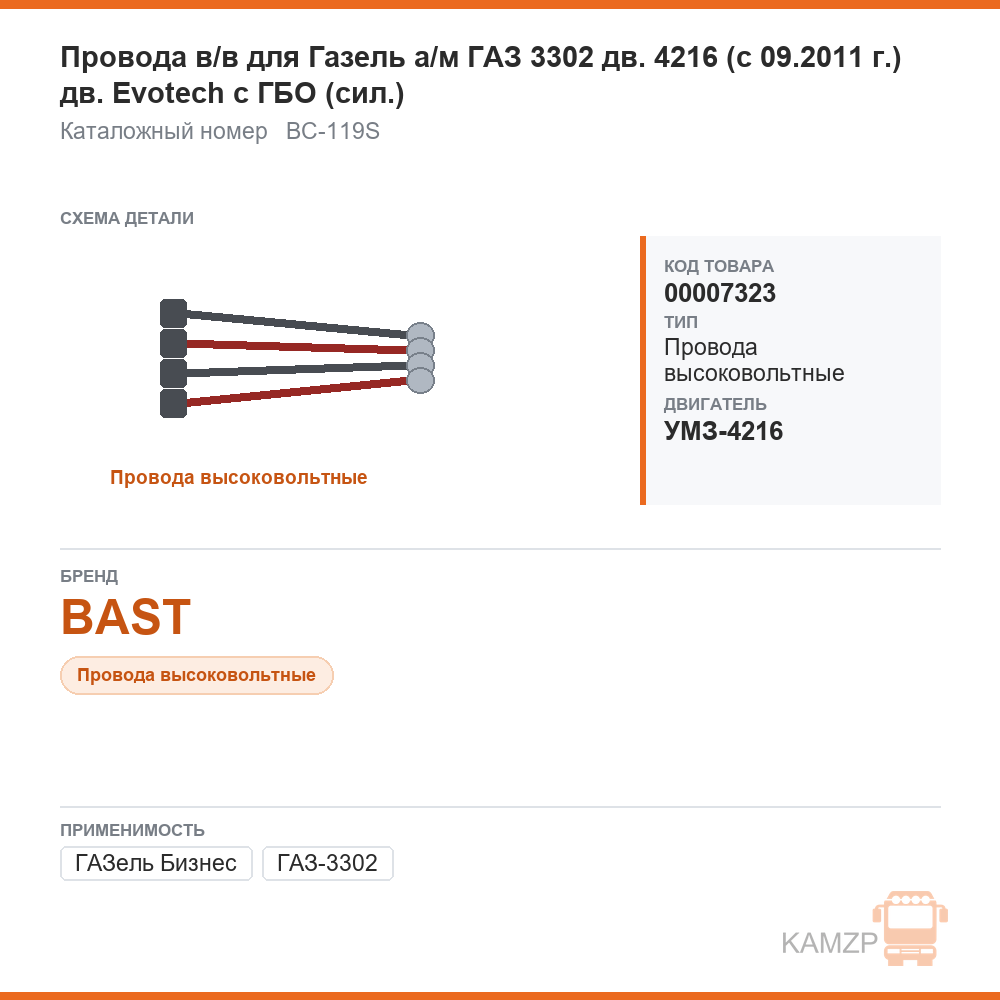 Провода в/в для ГАЗель а/м газ 3302 бизнес дв. 4216 (с 09.2011 г.) дв. evotech с гбо "bast" (сил.), каталожный номер BC-119S