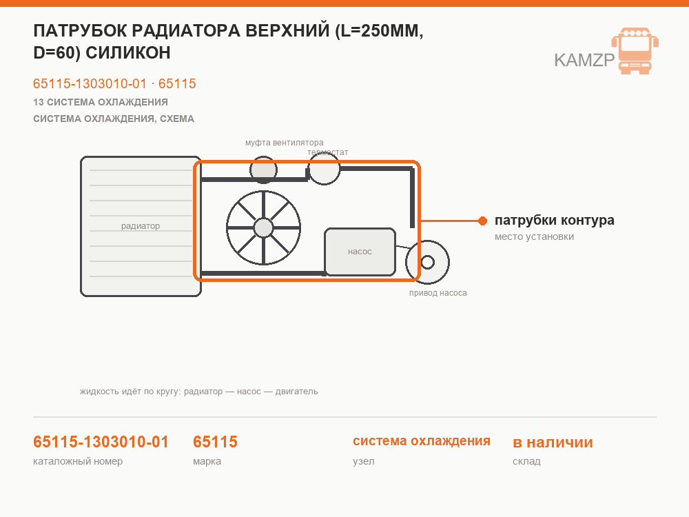 Патрубок радиатора верхний (L=250мм, d=60) силикон, каталожный номер 65115-1303010-01