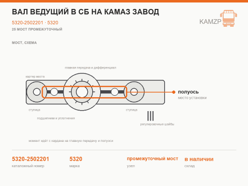 Вал ведущий в сб на КАМАЗ завод, каталожный номер 5320-2502201