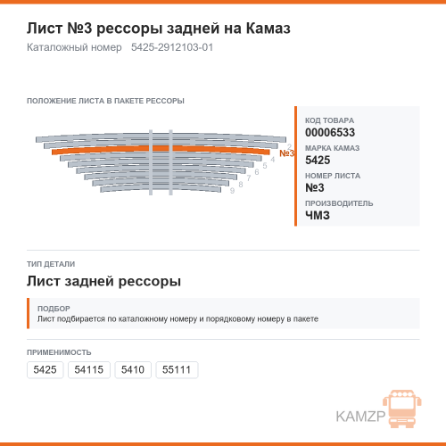 Лист №3 рессоры задней на КАМАЗ чмз, каталожный номер 5425-2912103-01
