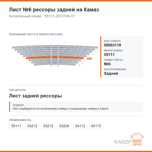 Лист №6 рессоры задней на КАМАЗ, каталожный номер 55111-2912106-01