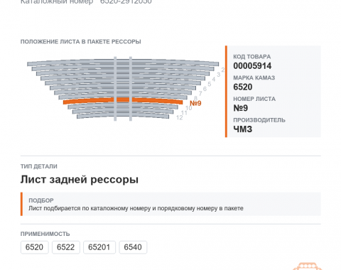 Лист №9 с/х рессоры задней на КАМАЗ 6520 чмз, каталожный номер 6520-2912050