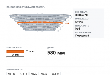 Лист №6 рессоры передней с хомутами  на Камаз   (90х14х980мм) фото