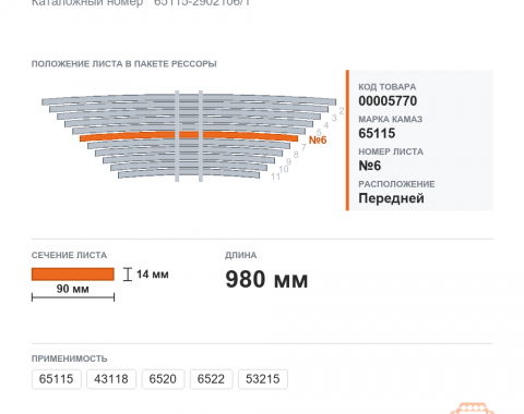 Лист №6 рессоры передней с хомутами на КАМАЗ (90х14х980мм), каталожный номер 65115-2902106/1