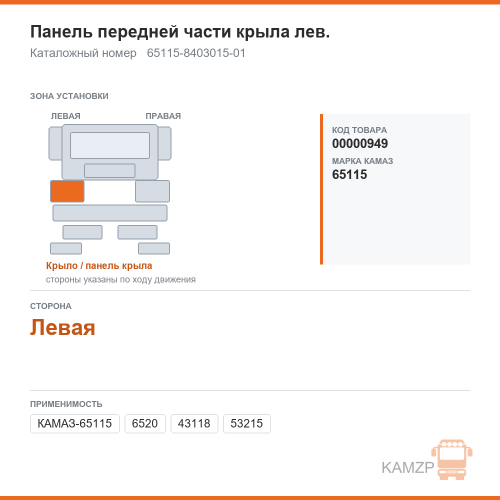 Панель передней части крыла лев., каталожный номер 65115-8403015-01