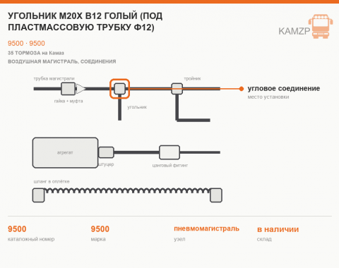Угольник М20х В12 голый (под пластмассовую трубку Ф12), каталожный номер 9500