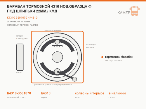 Барабан тормозной 4310 нов.образца ф под шпильки 22мм./ КМД, каталожный номер К4310-3501070