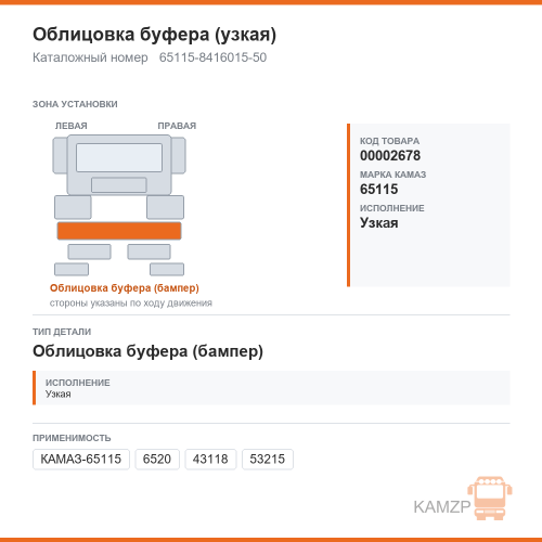 Облицовка буфера (узкая), каталожный номер 65115-8416015-50