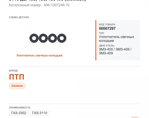 Уплотнитель свечных колодцев для Газель, а/м ГАЗ 3302, 3110 дв. 405, 406, 409 н/о (силикон)ПТП - фото