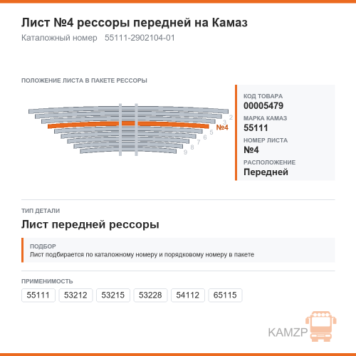Лист №4 рессоры передней на КАМАЗ, каталожный номер 55111-2902104-01