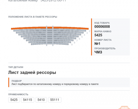 Лист №1 на КАМАЗ с накладкой рессоры задней чмз, каталожный номер 5425-2912100-11