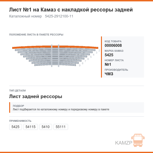 Лист №1 на КАМАЗ с накладкой рессоры задней чмз, каталожный номер 5425-2912100-11