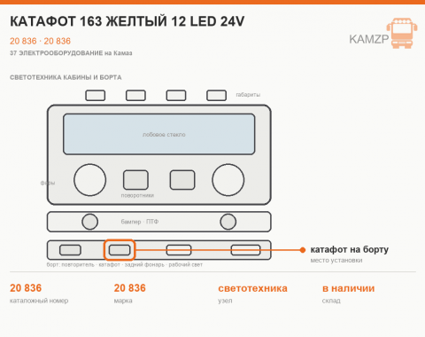 Катафот 163 желтый 12 led 24v