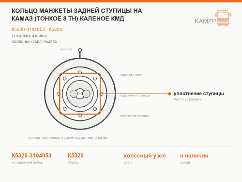 Кольцо манжеты задней ступицы на КАМАЗ (тонкое 8 тн) каленое КМД, каталожный номер К5320-3104053