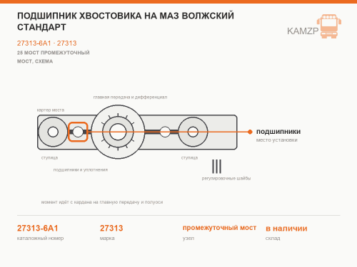 Подшипник хвостовика на маз волжский стандарт, каталожный номер 27313-6А1