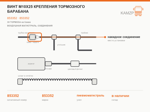 Винт М10х25 крепления тормозного барабана, каталожный номер 853352