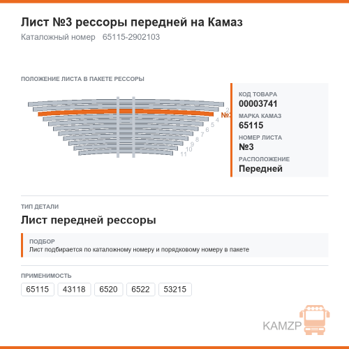 Лист №3 рессоры передней на КАМАЗ, каталожный номер 65115-2902103