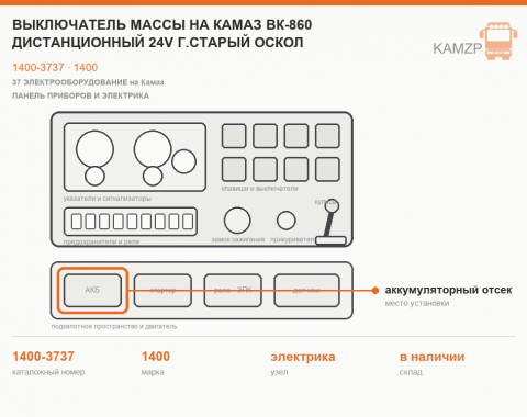 Выключатель массы на КАМАЗ ВК-860 дистанционный 24V г.Старый Оскол, каталожный номер 1400-3737
