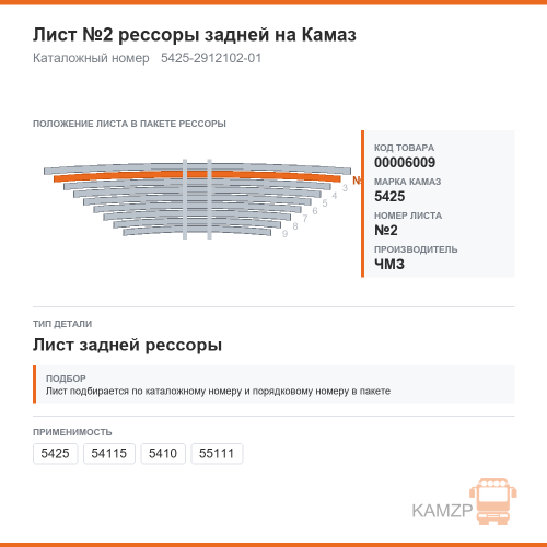 Лист №2 рессоры задней на КАМАЗ чмз, каталожный номер 5425-2912102-01