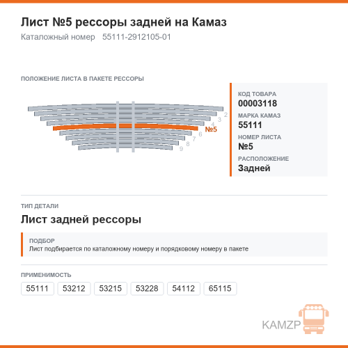 Лист №5 рессоры задней на КАМАЗ, каталожный номер 55111-2912105-01