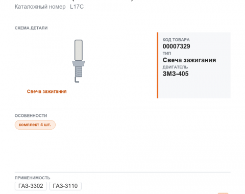 Свеча для ГАЗель а/м газ 3302, 3110 дв.405, 406, 409 (0.7) brisk "super" (блист. к-кт. 4шт.), каталожный номер L17C