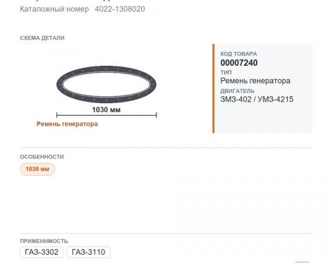 Ремень генератора 1030 для Газель. а/м ГАЗ 3302, 3110 дв. 402, УМЗ-4215 гладкий БРТ - фото