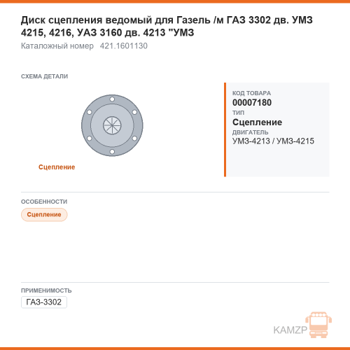 Диск сцепления ведомый для ГАЗель /м газ 3302 дв. умз 4215, 4216, уаз 3160 дв. 4213 "умз", каталожный номер 421.1601130