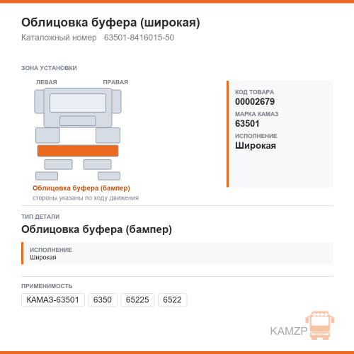Облицовка буфера (широкая), каталожный номер 63501-8416015-50