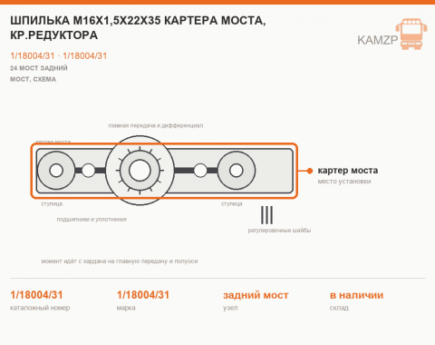 Шпилька М16х1,5х22х35 картера моста, кр.редуктора, каталожный номер 1/18004/31