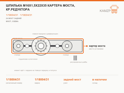 Шпилька М16х1,5х22х35 картера моста, кр.редуктора фото