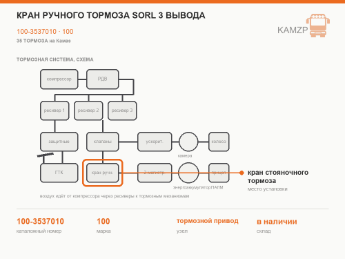Кран ручного тормоза sorl 3 вывода, каталожный номер 100-3537010