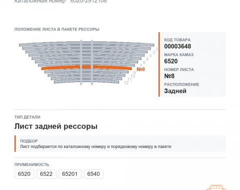 Лист №8 рессоры задней, каталожный номер 6520-2912108