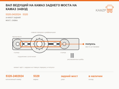 Вал ведущий на КАМАЗ заднего моста завод, каталожный номер 5320-2402024